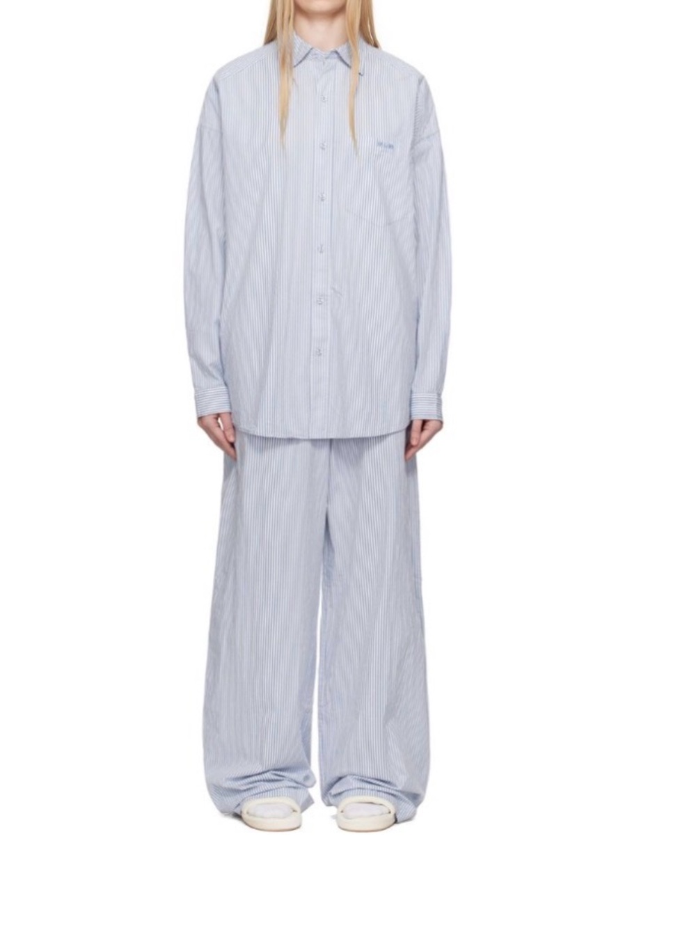 SKIMS Cotton Poplin Oversized Pajama Set Blue White Striped Top S /bottom M